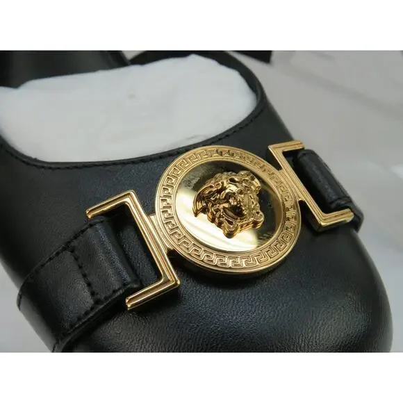NIB VERSACE BLACK LEATHER GOLD MEDUSA LOGO SANDALS LOW HEEL PUMPS 40 10